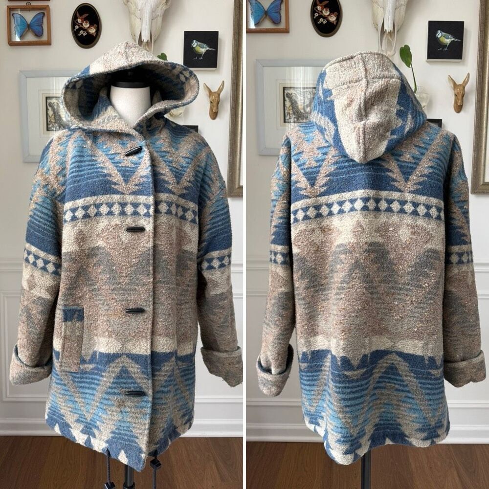 Vintage Braetan Southwestern Navajo Blanket Print Wool Blend Hooded Duffle Coat